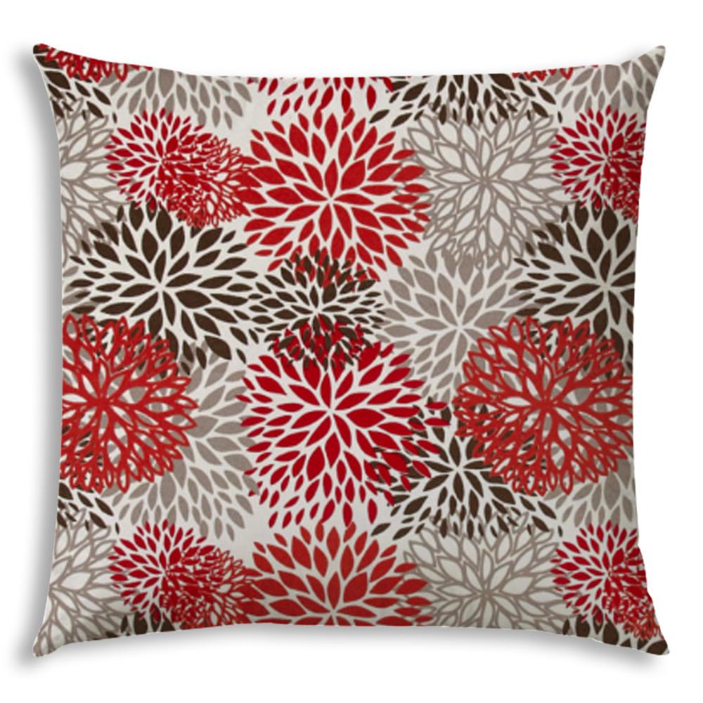 17" X 17" Red And White Blown Seam Floral Lumbar Indoor Outdoor Pillow. Picture 1