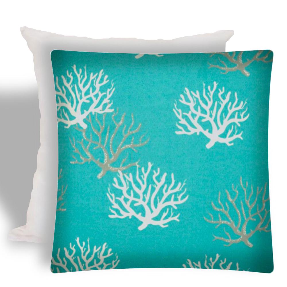 17" X 17" Aqua And White Corals Zippered Coastal Throw Indoor Outdoor Pillow. Picture 1