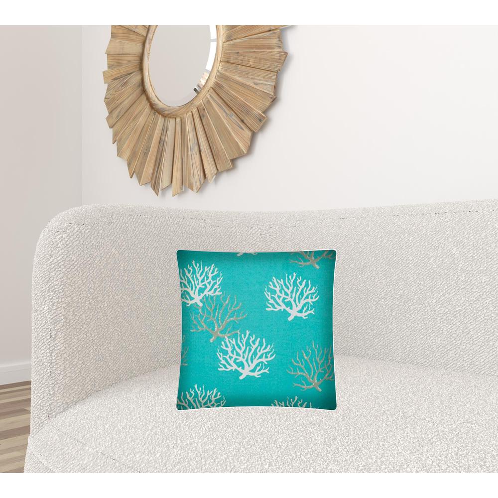 17" X 17" Aqua And White Corals Zippered Coastal Throw Indoor Outdoor Pillow. Picture 2