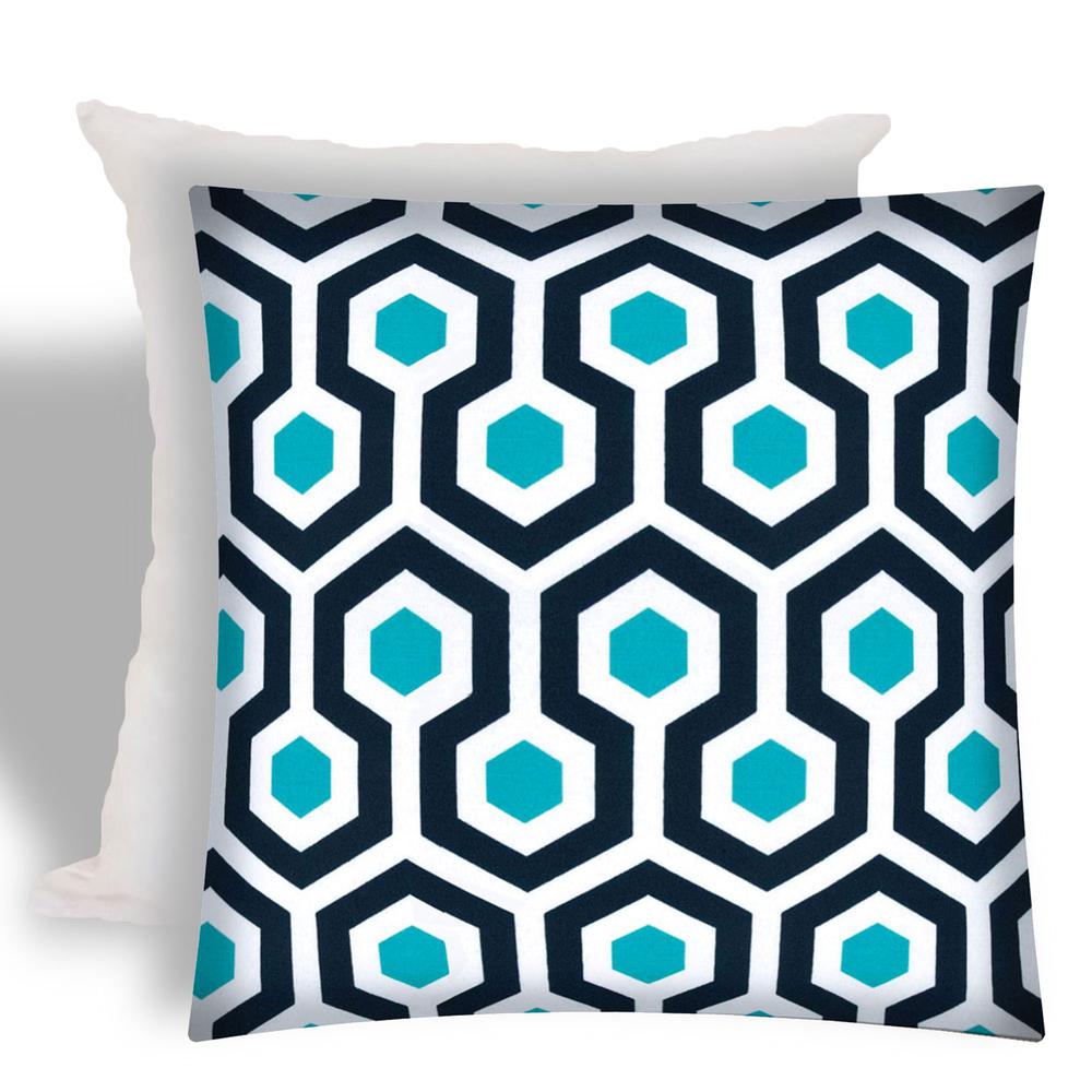 17" X 17" White And Aqua Zippered Geometric Throw Indoor Outdoor Pillow. Picture 1