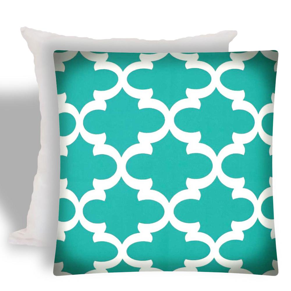 17" X 17" Turquoise And White Zippered Quatrefoil Throw Indoor Outdoor Pillow. Picture 1
