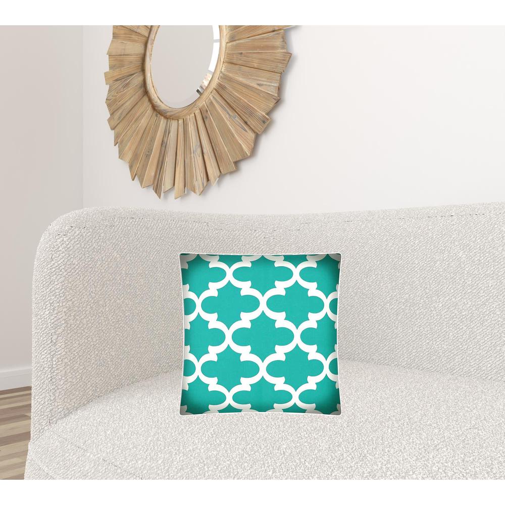17" X 17" Turquoise And White Zippered Quatrefoil Throw Indoor Outdoor Pillow. Picture 2
