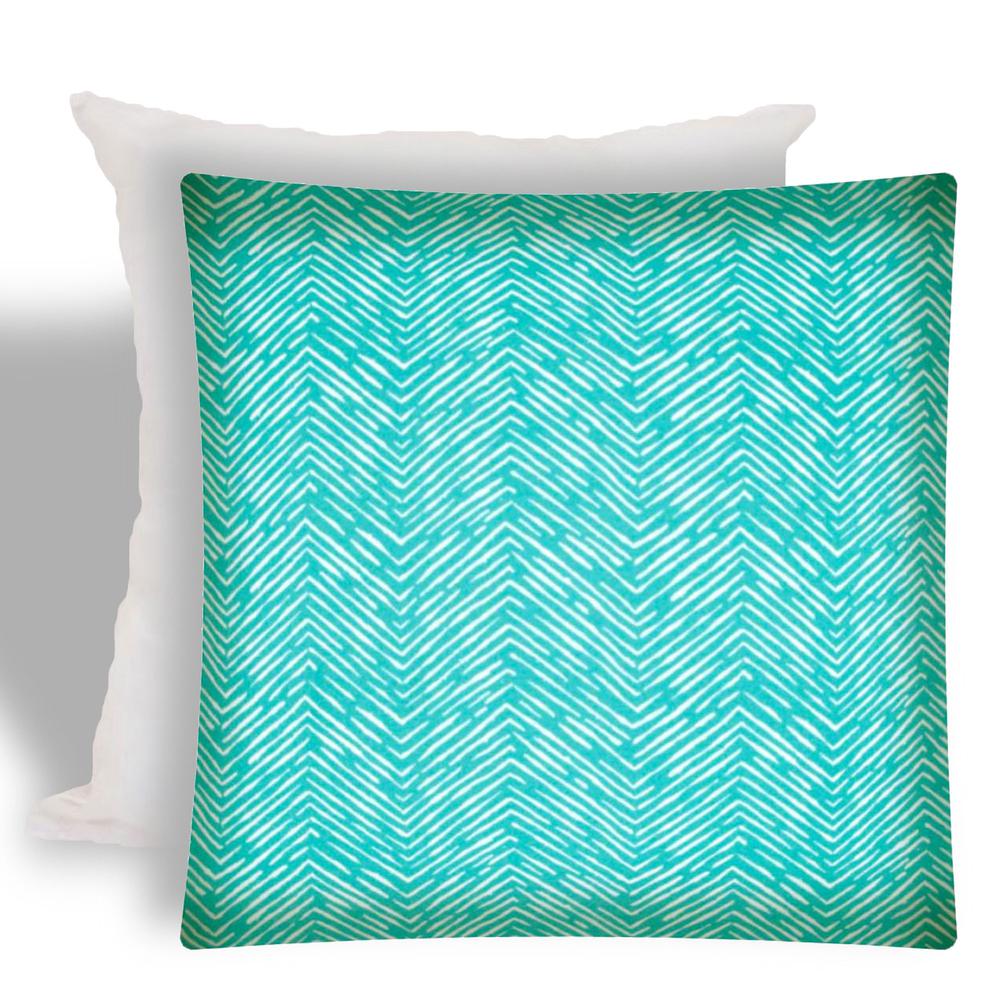 17" X 17" Turquoise And White Zippered Zigzag Throw Indoor Outdoor Pillow. Picture 1