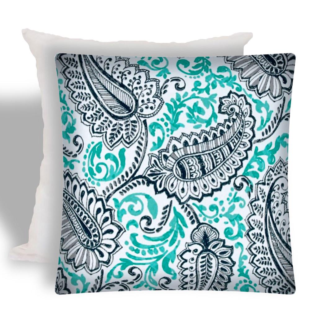 17" X 17" Navy Blue And White Zippered Paisley Throw Indoor Outdoor Pillow. Picture 1