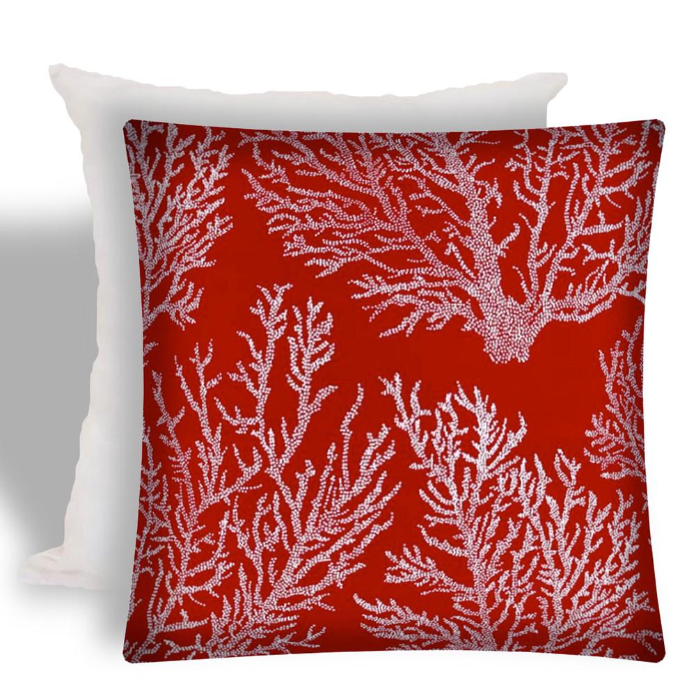 17" X 17" Red And White Corals Zippered Coastal Throw Indoor Outdoor Pillow. Picture 1