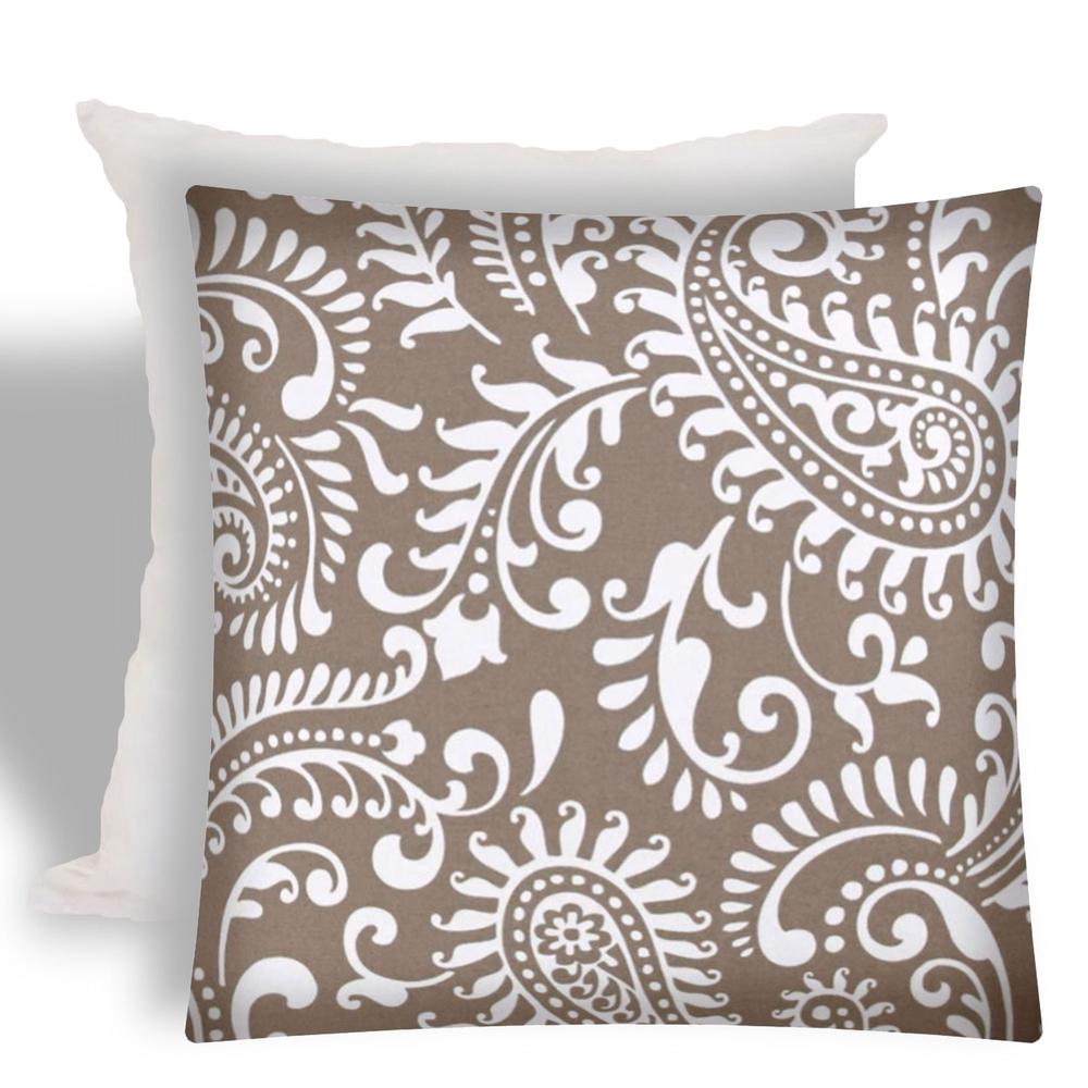 17" X 17" Taupe And White Zippered Paisley Throw Indoor Outdoor Pillow. Picture 1