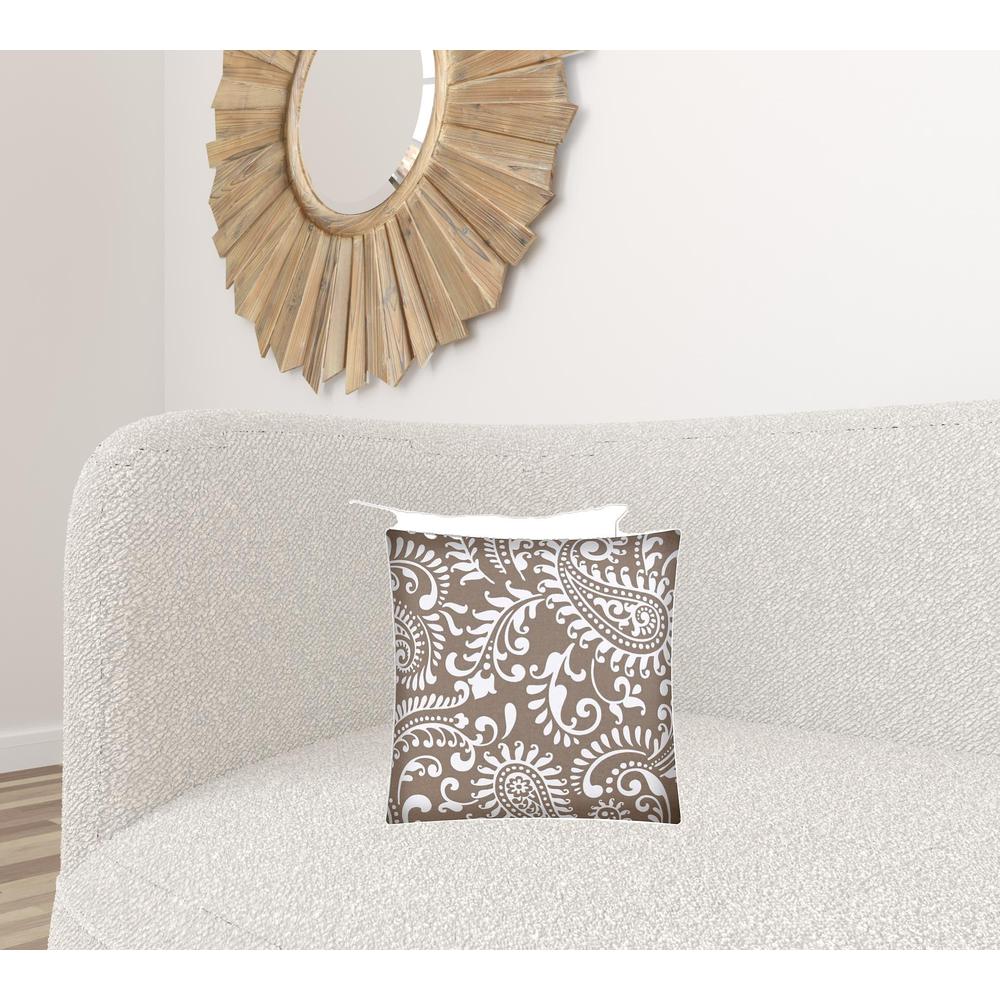 17" X 17" Taupe And White Zippered Paisley Throw Indoor Outdoor Pillow. Picture 2