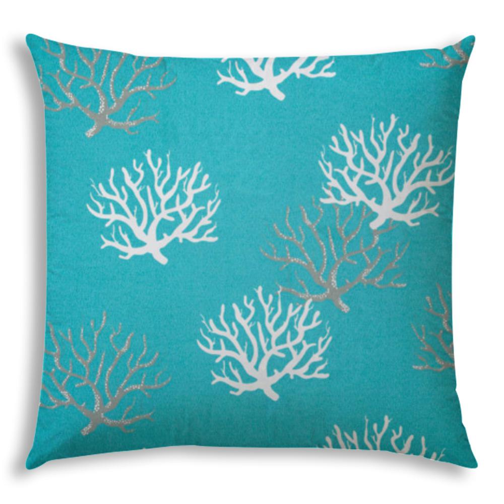 20" X 20" Aqua And White Corals Blown Seam Coastal Throw Indoor Outdoor Pillow. Picture 1