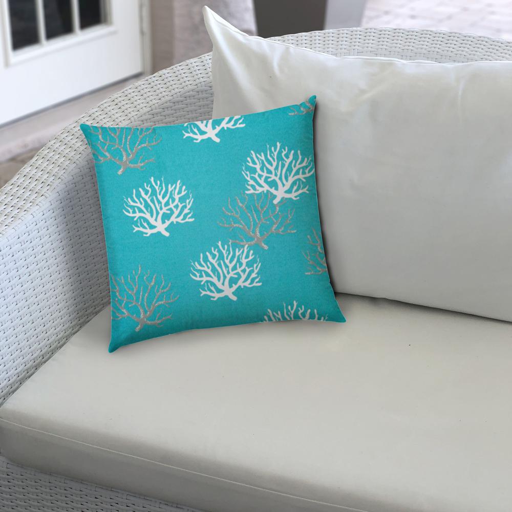 20" X 20" Aqua And White Corals Blown Seam Coastal Throw Indoor Outdoor Pillow. Picture 4