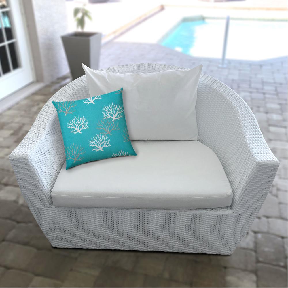 20" X 20" Aqua And White Corals Blown Seam Coastal Throw Indoor Outdoor Pillow. Picture 5