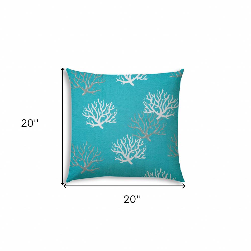 20" X 20" Aqua And White Corals Blown Seam Coastal Throw Indoor Outdoor Pillow. Picture 7