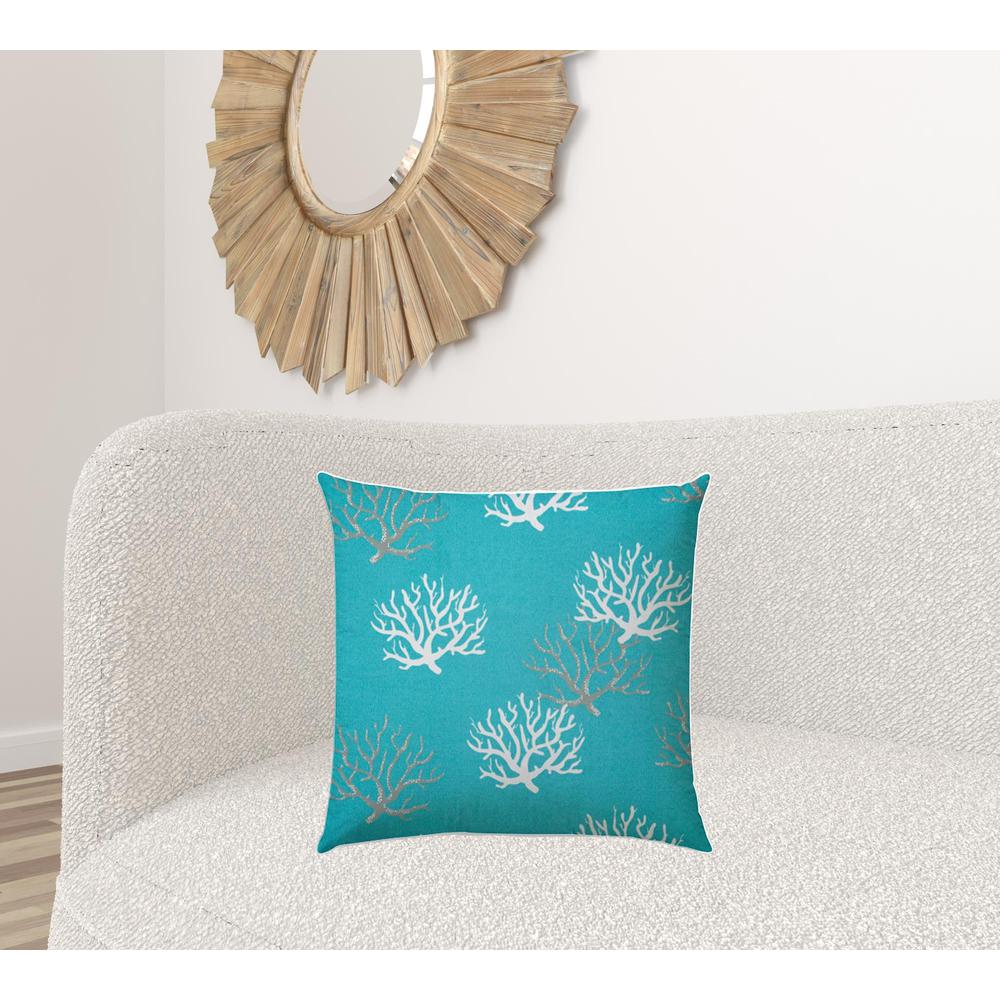 20" X 20" Aqua And White Corals Blown Seam Coastal Throw Indoor Outdoor Pillow. Picture 2