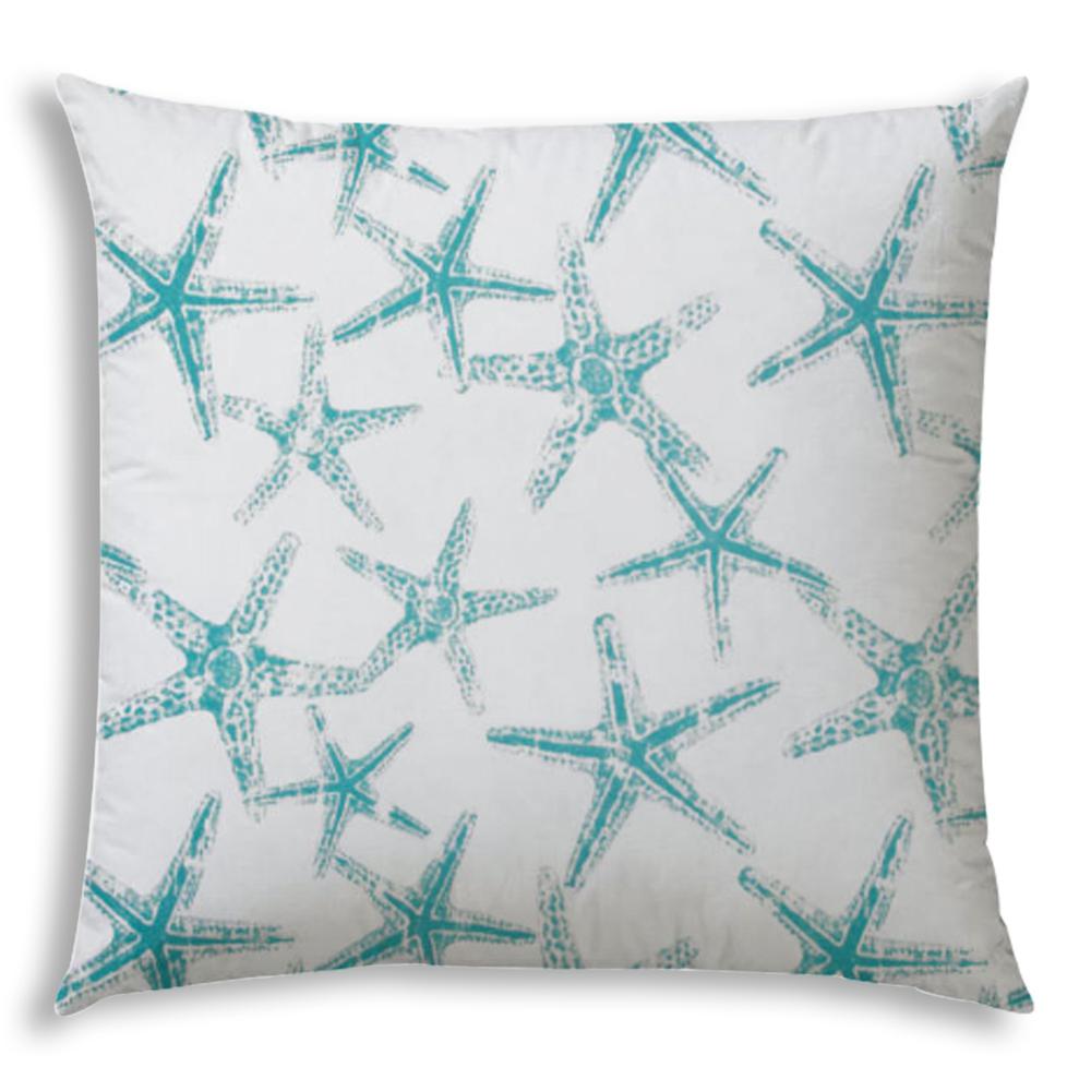 Turquoise, White Starfish Blown Seam Coastal Throw Indoor Outdoor Pillow. Picture 1