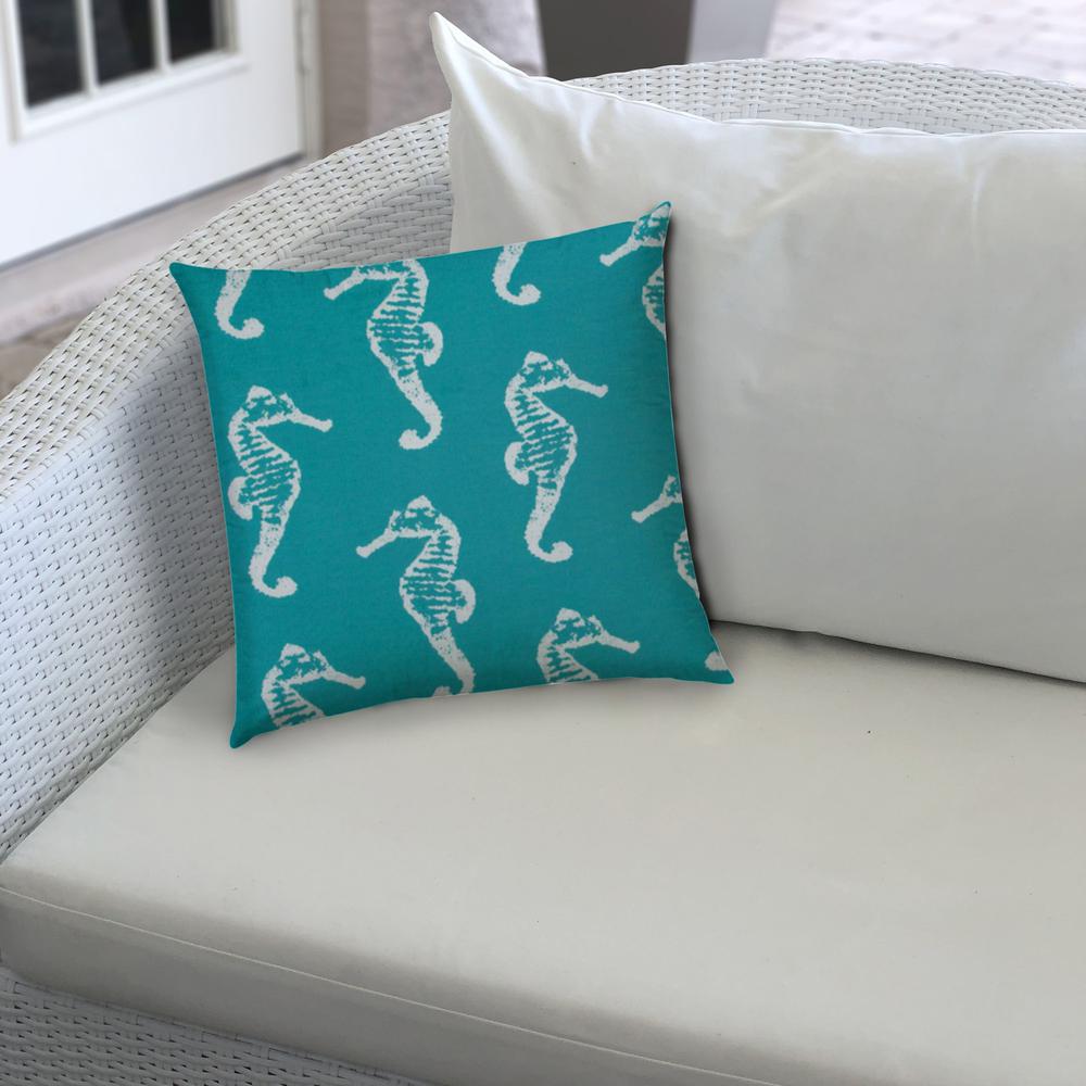 Turquoise, White Seahorse Blown Seam Coastal Throw Indoor Outdoor Pillow. Picture 4