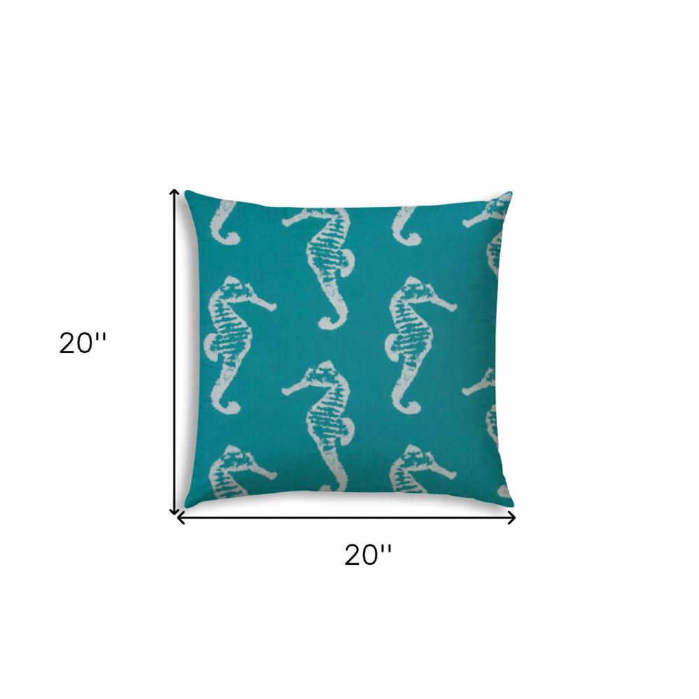 Turquoise, White Seahorse Blown Seam Coastal Throw Indoor Outdoor Pillow. Picture 7