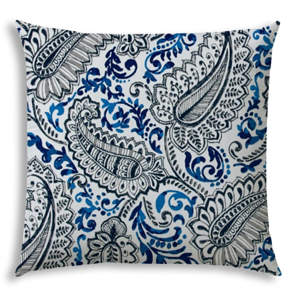 20" X 20" White And Blue Blown Seam Paisley Throw Indoor Outdoor Pillow. Picture 1