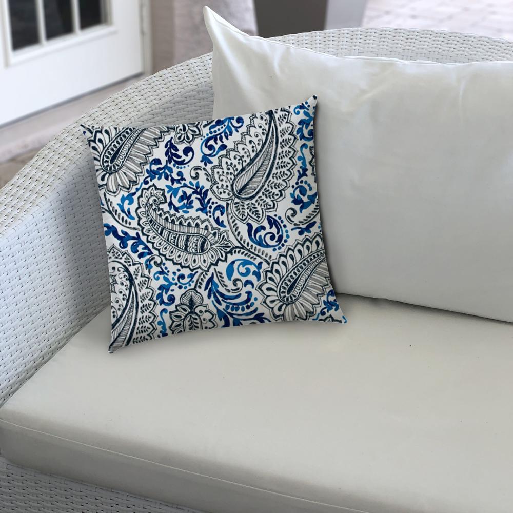 20" X 20" White And Blue Blown Seam Paisley Throw Indoor Outdoor Pillow. Picture 4