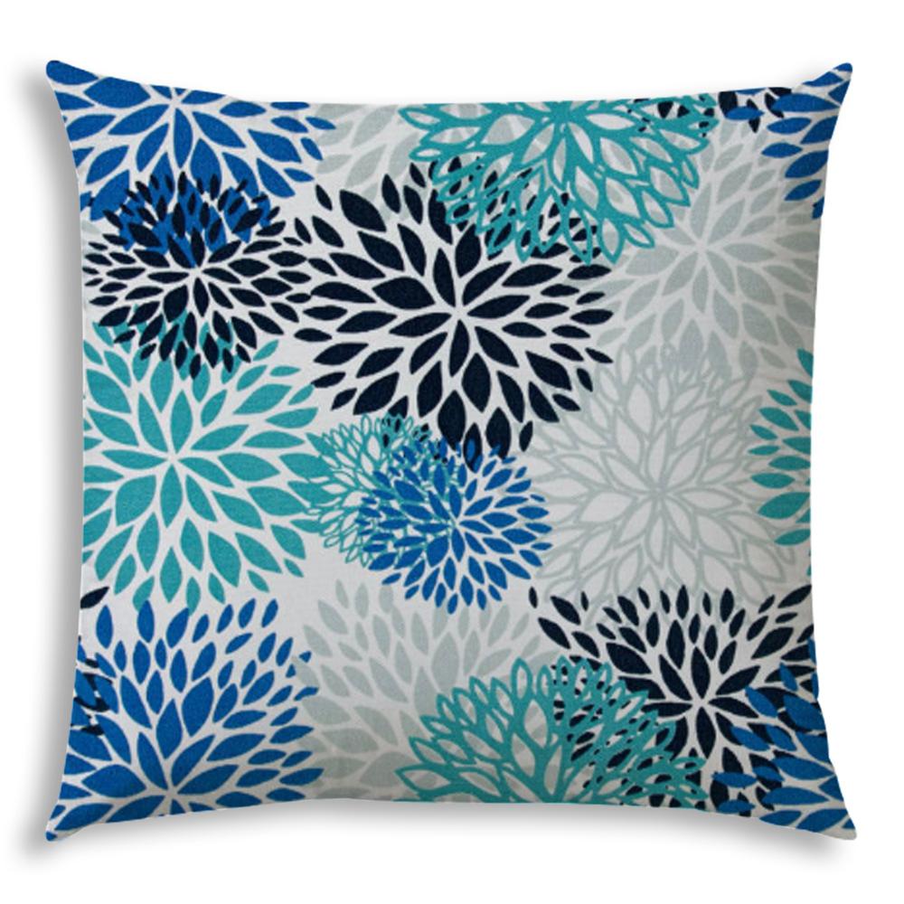 20" X 20" Blue And White Blown Seam Floral Throw Indoor Outdoor Pillow. Picture 1