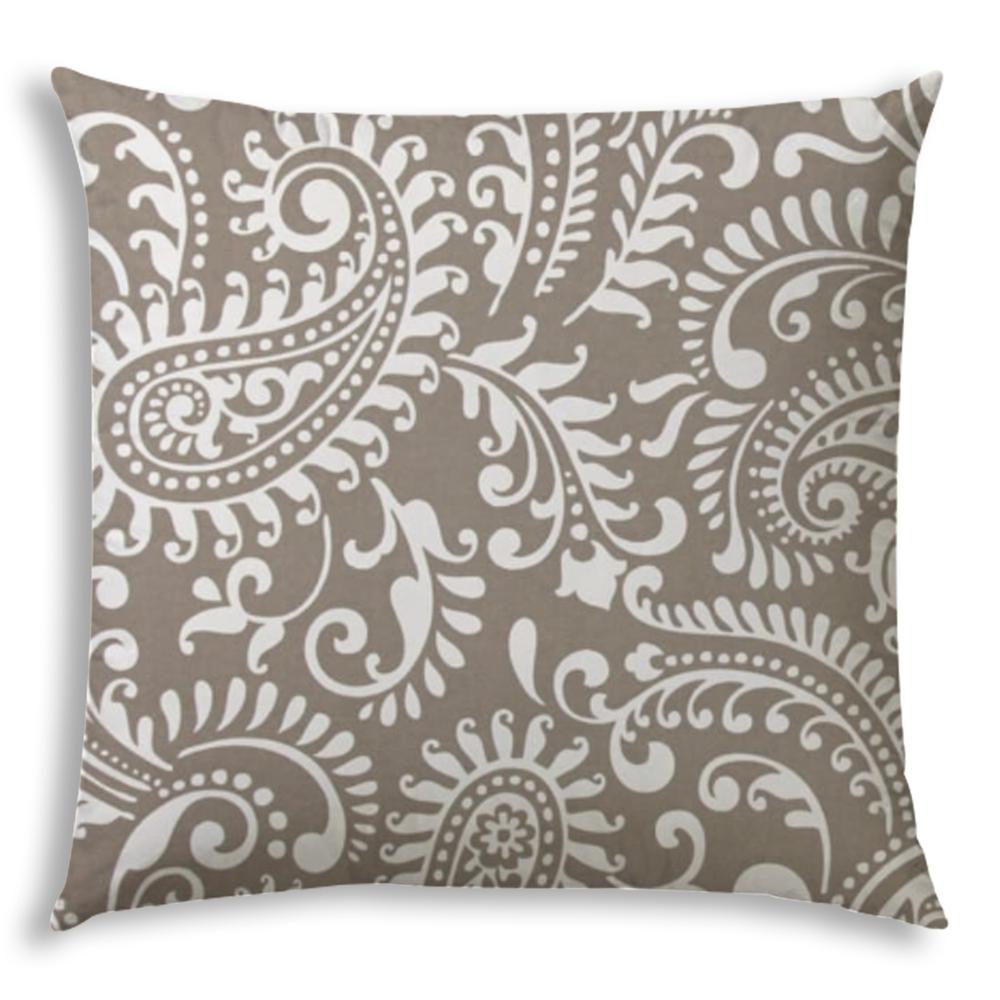 20" X 20" Taupe And White Blown Seam Paisley Throw Indoor Outdoor Pillow. Picture 1