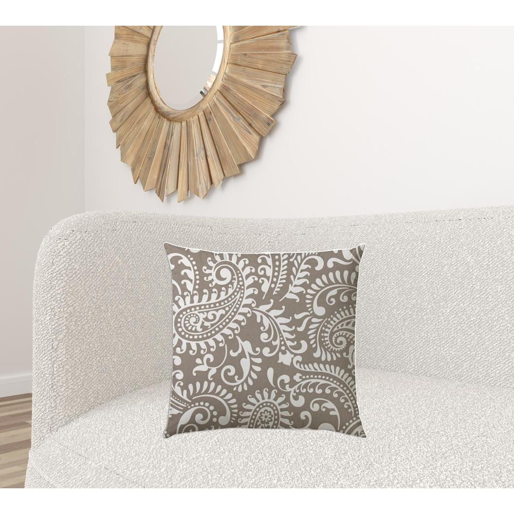 20" X 20" Taupe And White Blown Seam Paisley Throw Indoor Outdoor Pillow. Picture 2