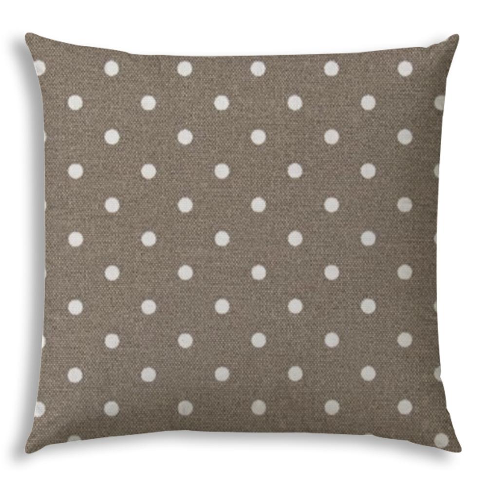 20" X 20" Taupe And White Blown Seam Polka Dots Throw Indoor Outdoor Pillow. Picture 1