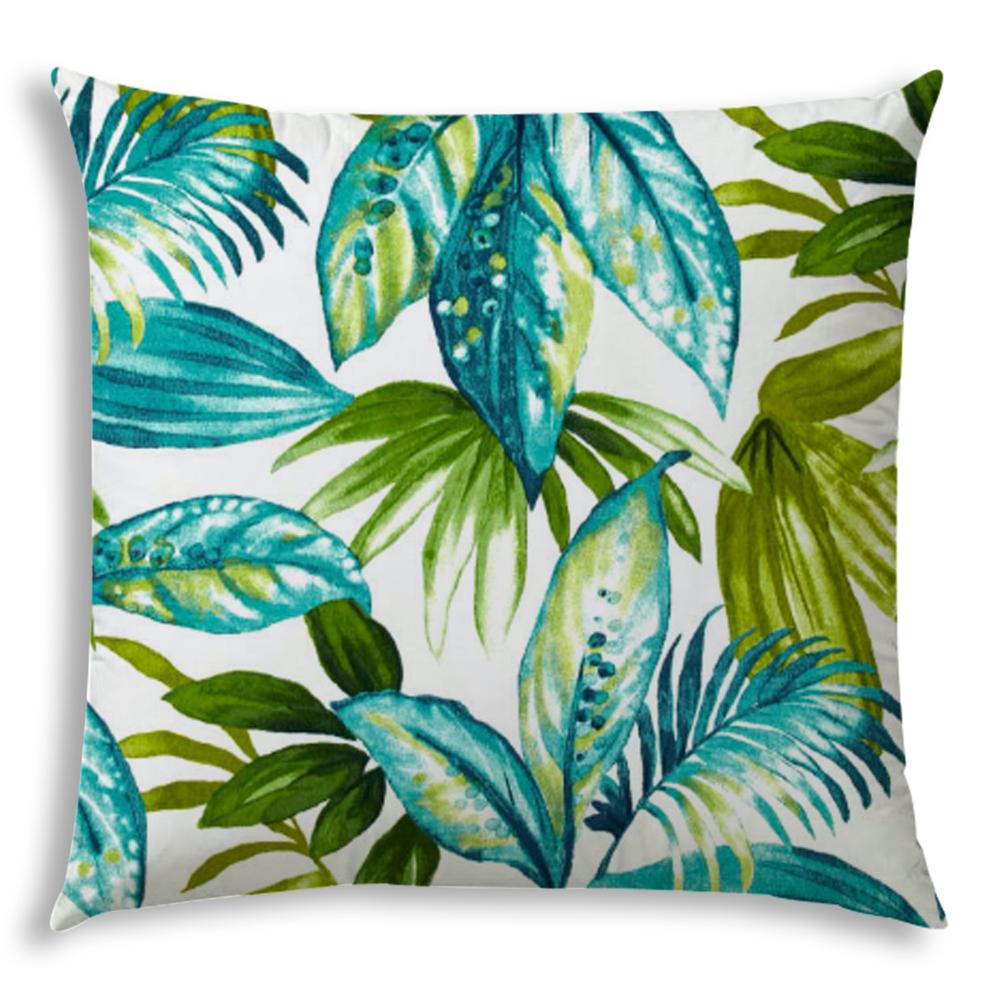 20" X 20" Teal And White Blown Seam Tropical Throw Indoor Outdoor Pillow. Picture 1