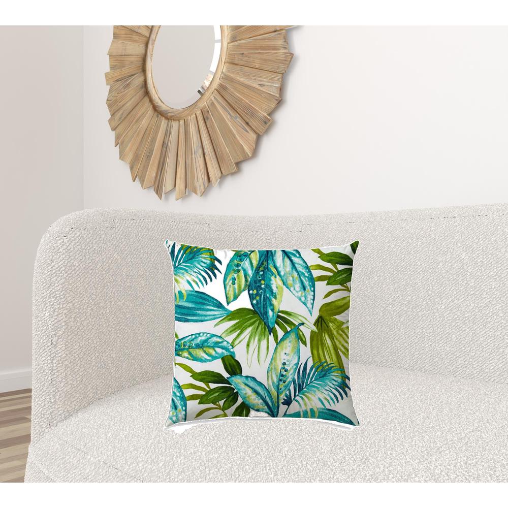 20" X 20" Teal And White Blown Seam Tropical Throw Indoor Outdoor Pillow. Picture 2