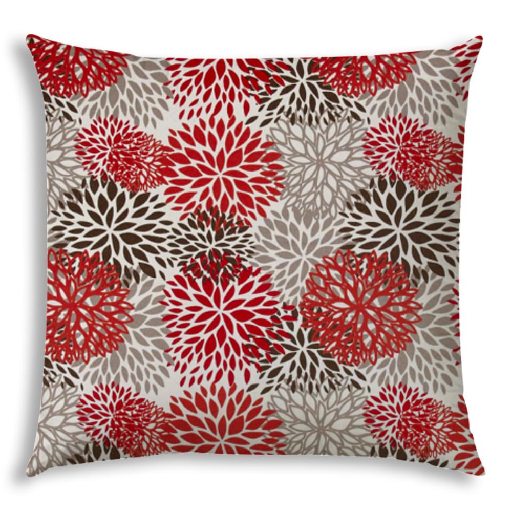 20" X 20" Red And White Blown Seam Floral Throw Indoor Outdoor Pillow. Picture 1