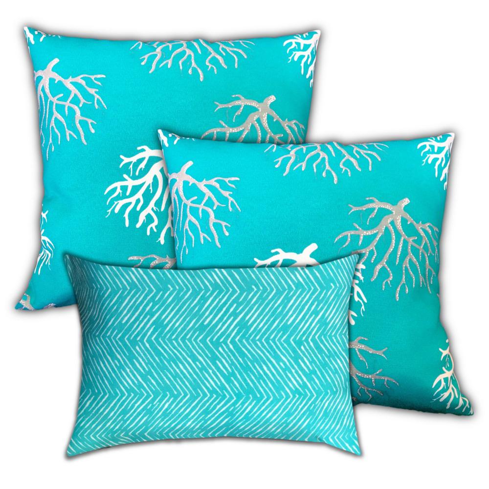 Ocean Blue, White Corals Blown Seam Coastal Throw Indoor Outdoor Pillow. Picture 4