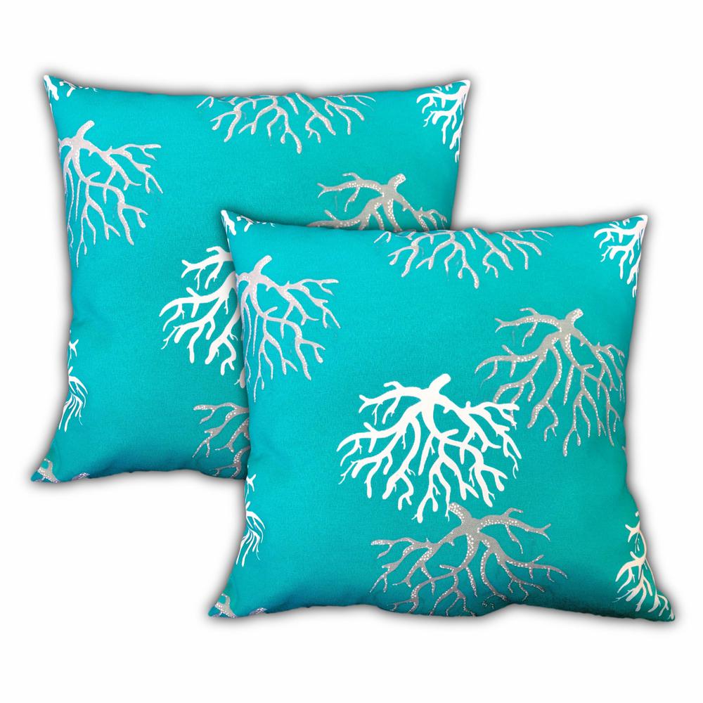 Ocean Blue, White Corals Blown Seam Coastal Throw Indoor Outdoor Pillow. Picture 5