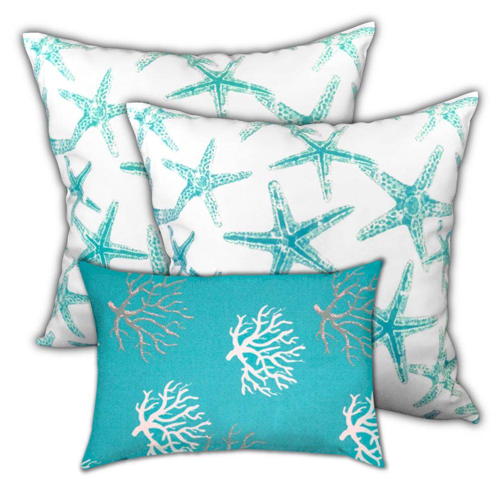 Ocean Blue, White Starfish Blown Seam Coastal Throw Indoor Outdoor Pillow. Picture 1