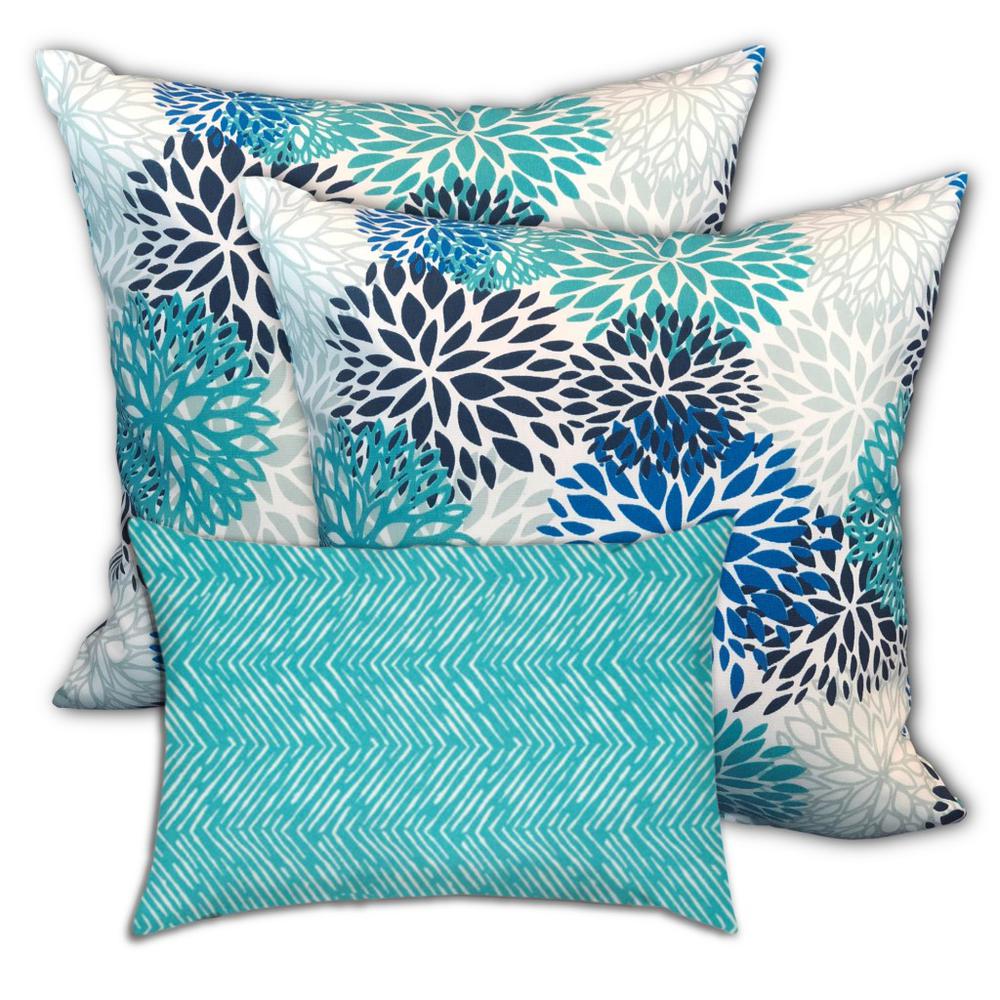 Blue, White Blown Seam Floral Throw Indoor Outdoor Pillow. Picture 1