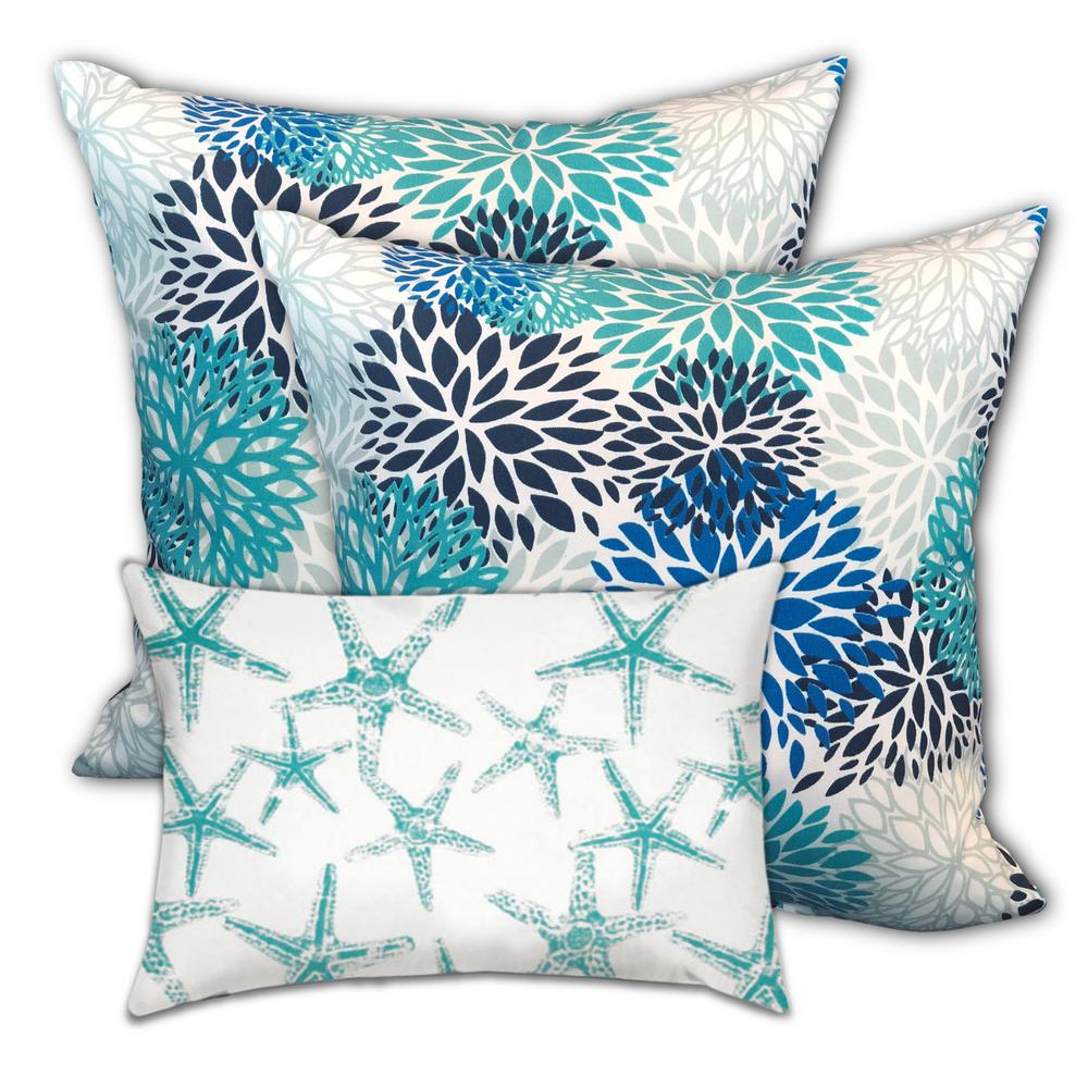 Blue, White Blown Seam Floral Throw Indoor Outdoor Pillow. Picture 1