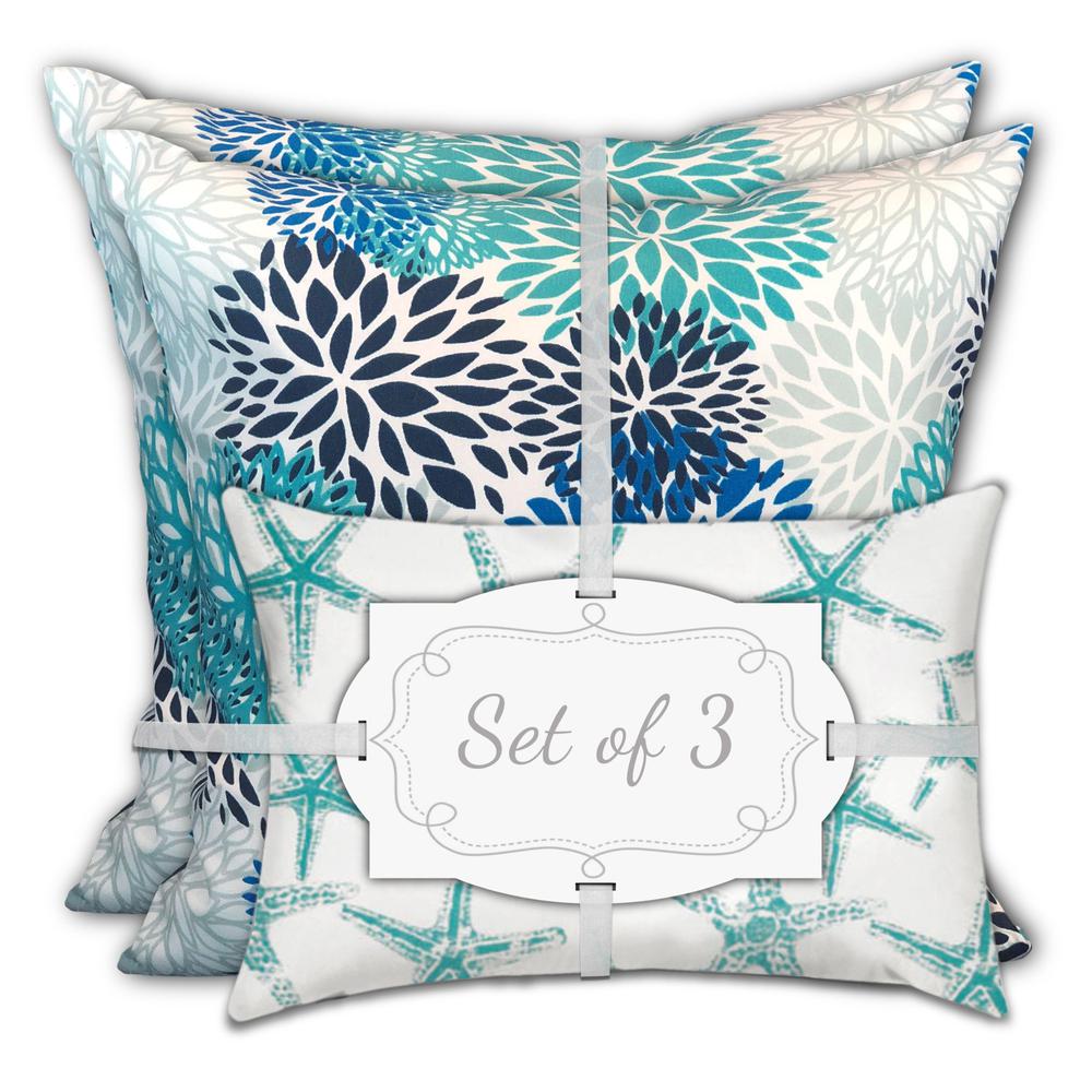 Blue, White Blown Seam Floral Throw Indoor Outdoor Pillow. Picture 3