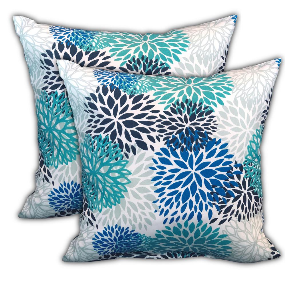 Blue, White Blown Seam Floral Throw Indoor Outdoor Pillow. Picture 4