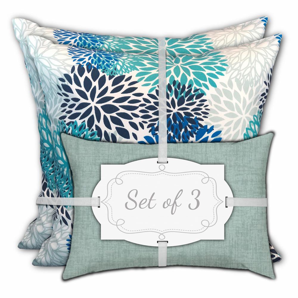 Set of 3 Seafoam Blooms Indoor Outdoor Sewn Pillows. Picture 1
