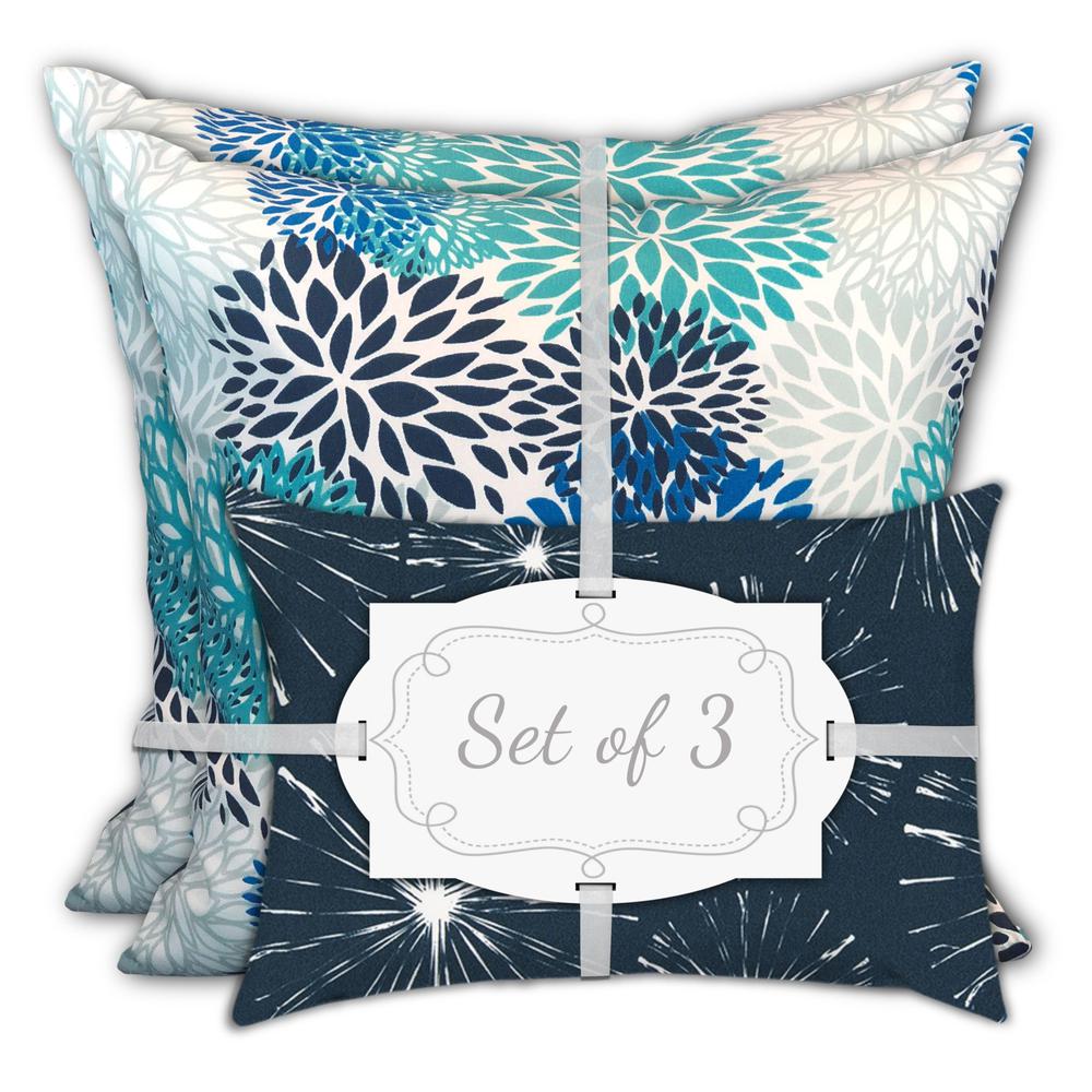 Blue, White Blown Seam Floral Throw Indoor Outdoor Pillow. Picture 3