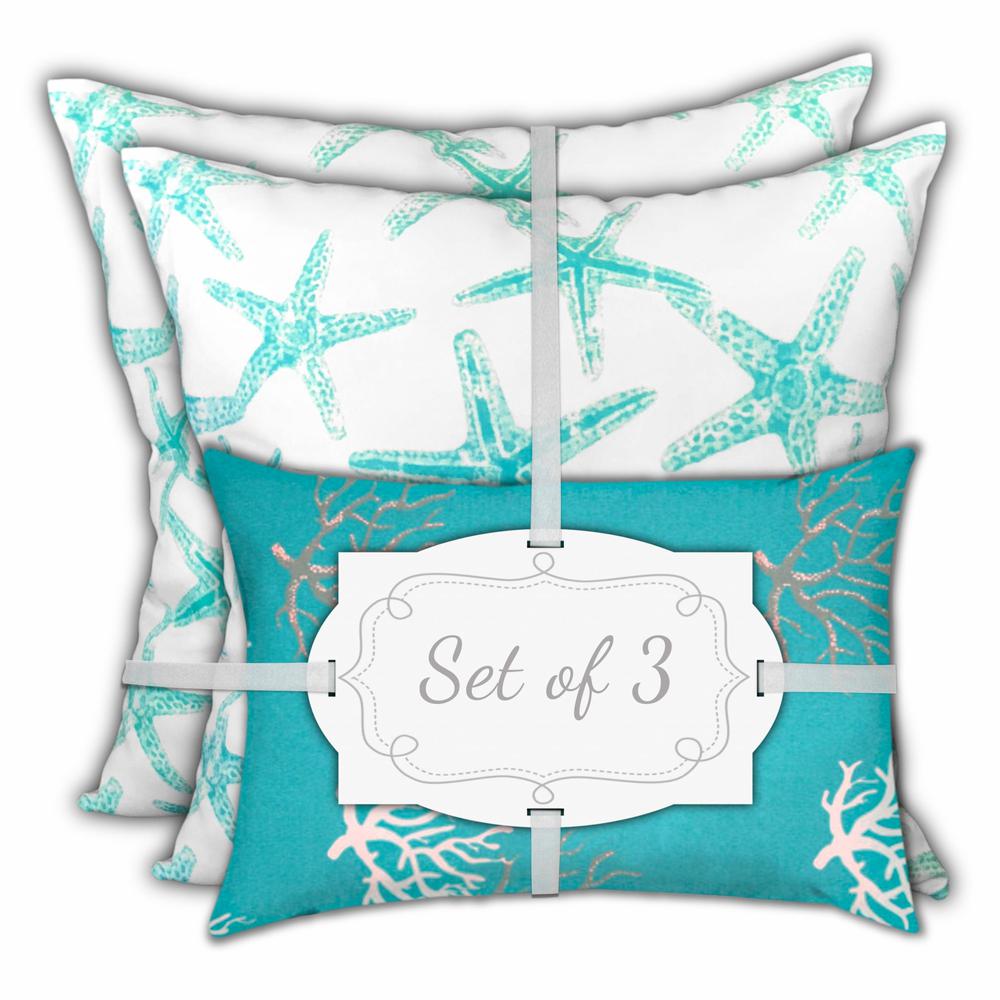 Ocean Blue, White Starfish Zippered Coastal Throw Indoor Outdoor Pillow. Picture 3