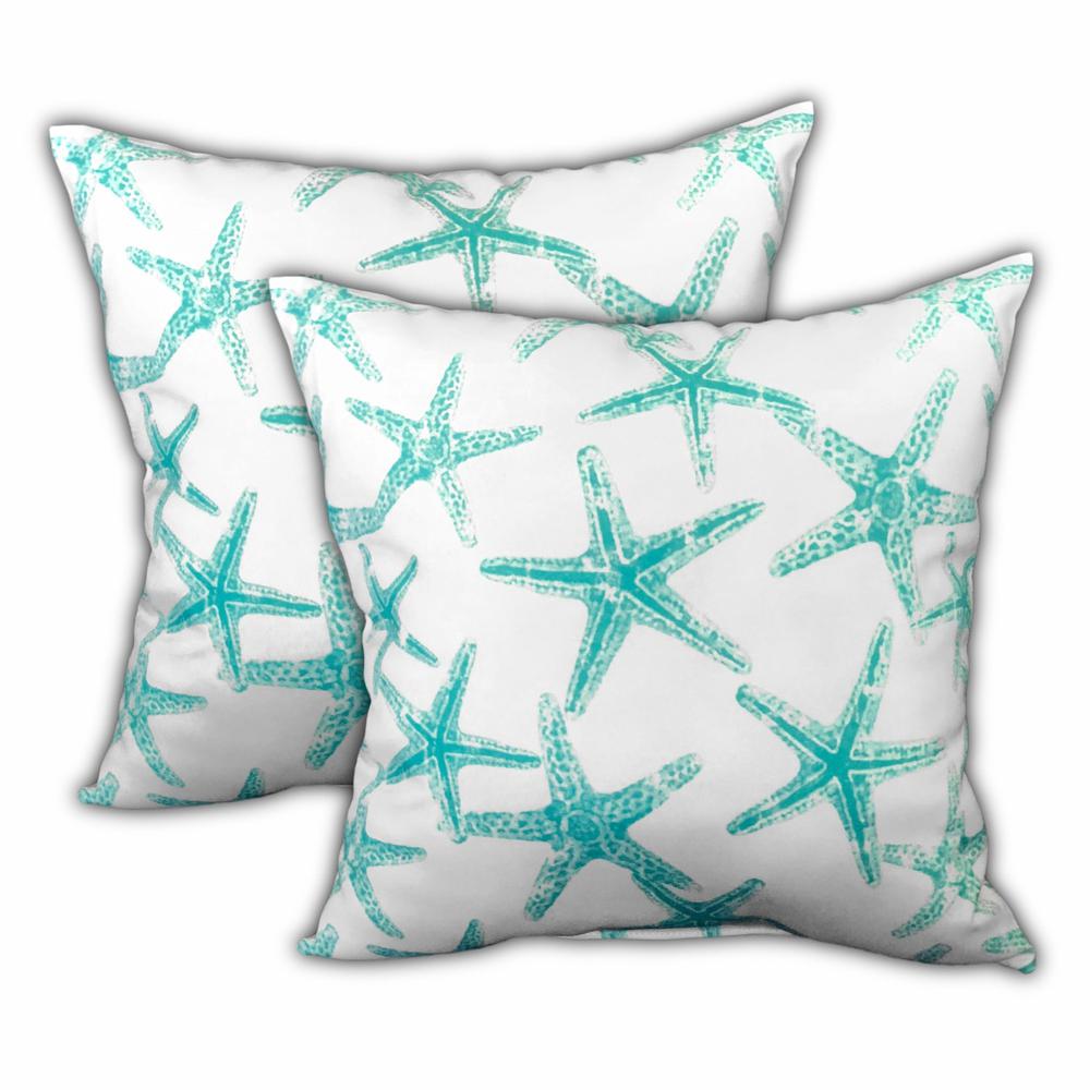 Ocean Blue, White Starfish Zippered Coastal Throw Indoor Outdoor Pillow. Picture 4