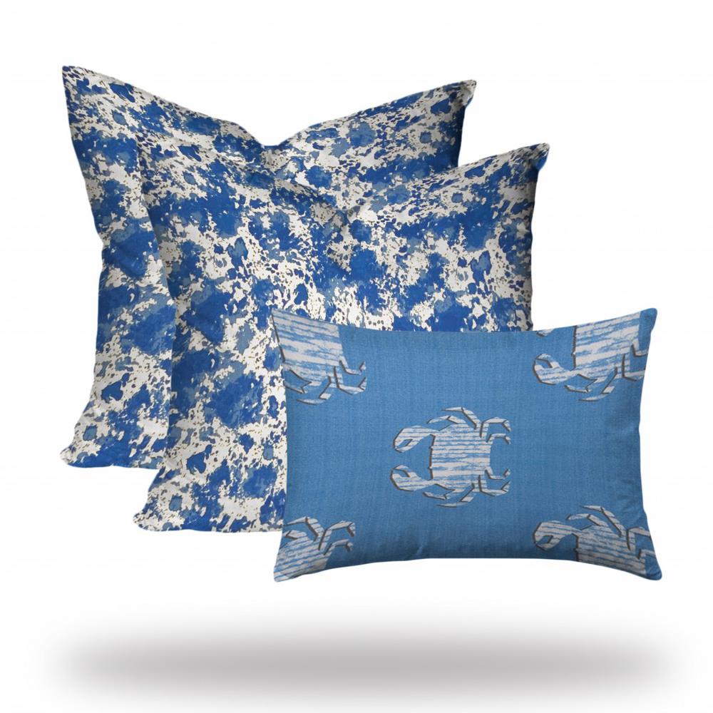 Set of 3 Blue Crab Indoor Outdoor Sewn Closed Pillows. Picture 1
