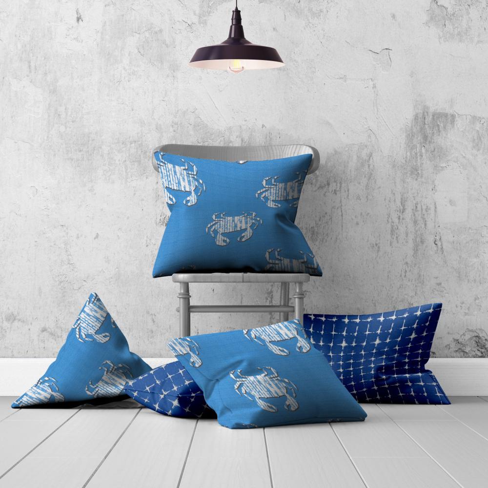 Blue, White Crab Enveloped Coastal Throw Indoor Outdoor Pillow. Picture 4