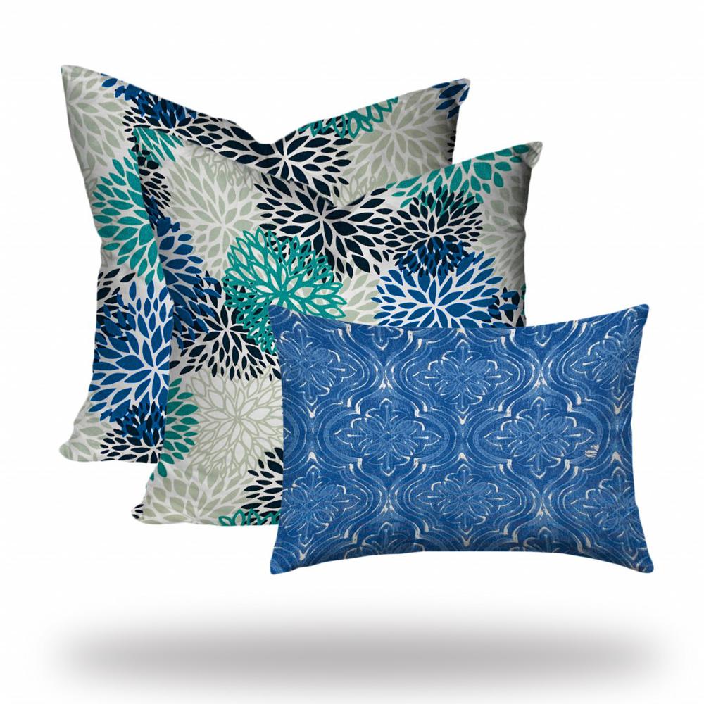 20" X 20" Blue And White Enveloped Floral Throw Indoor Outdoor Pillow Cover. Picture 3