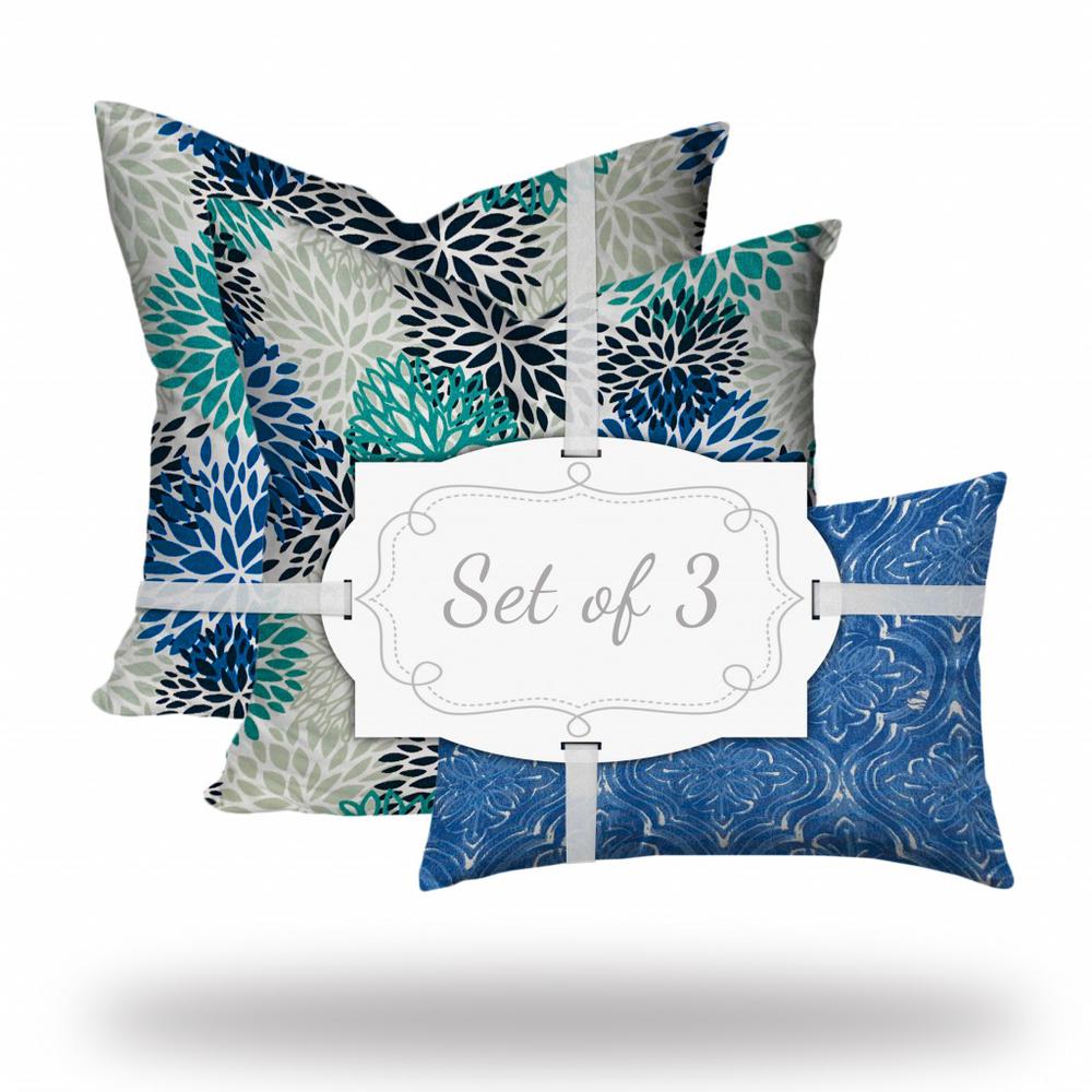 20" X 20" Blue And White Enveloped Floral Throw Indoor Outdoor Pillow. Picture 1