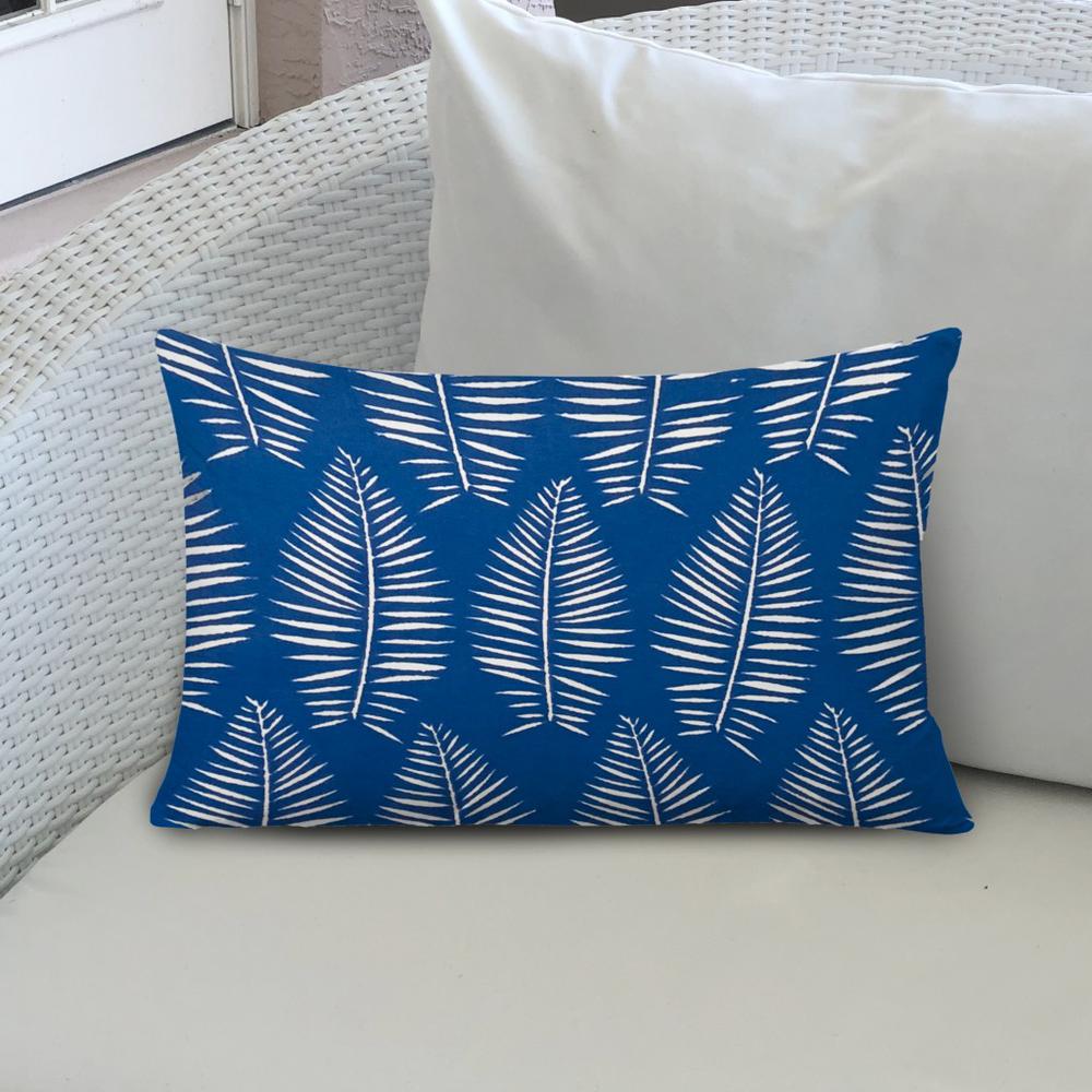 12" X 18" Blue And White Enveloped Tropical Lumbar Indoor Outdoor Pillow. Picture 3