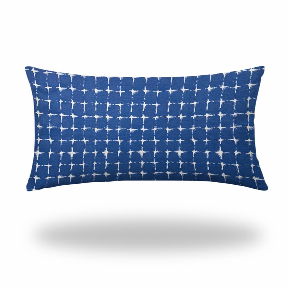 14" X 24" Blue And White Blown Seam Gingham Lumbar Indoor Outdoor Pillow. Picture 1