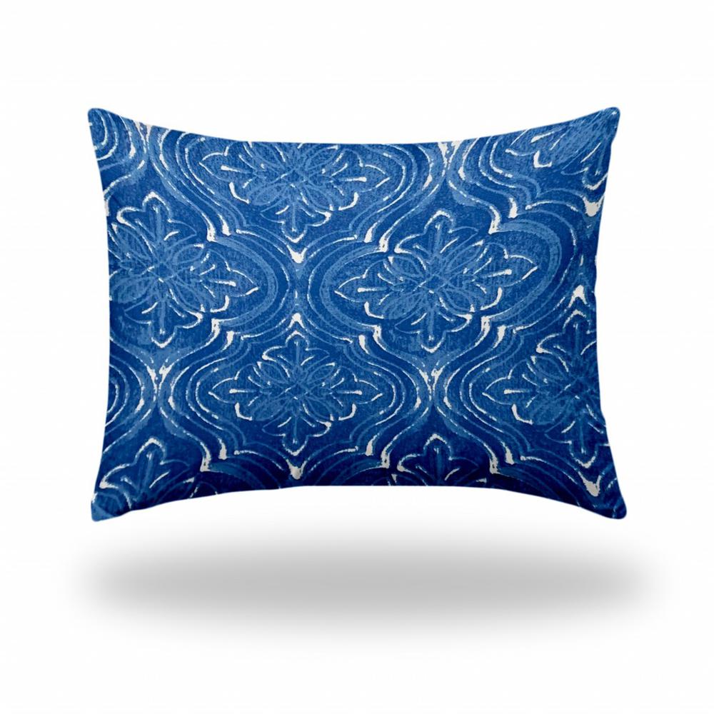 12" X 16" Blue And White Zippered Ikat Lumbar Indoor Outdoor Pillow. Picture 1