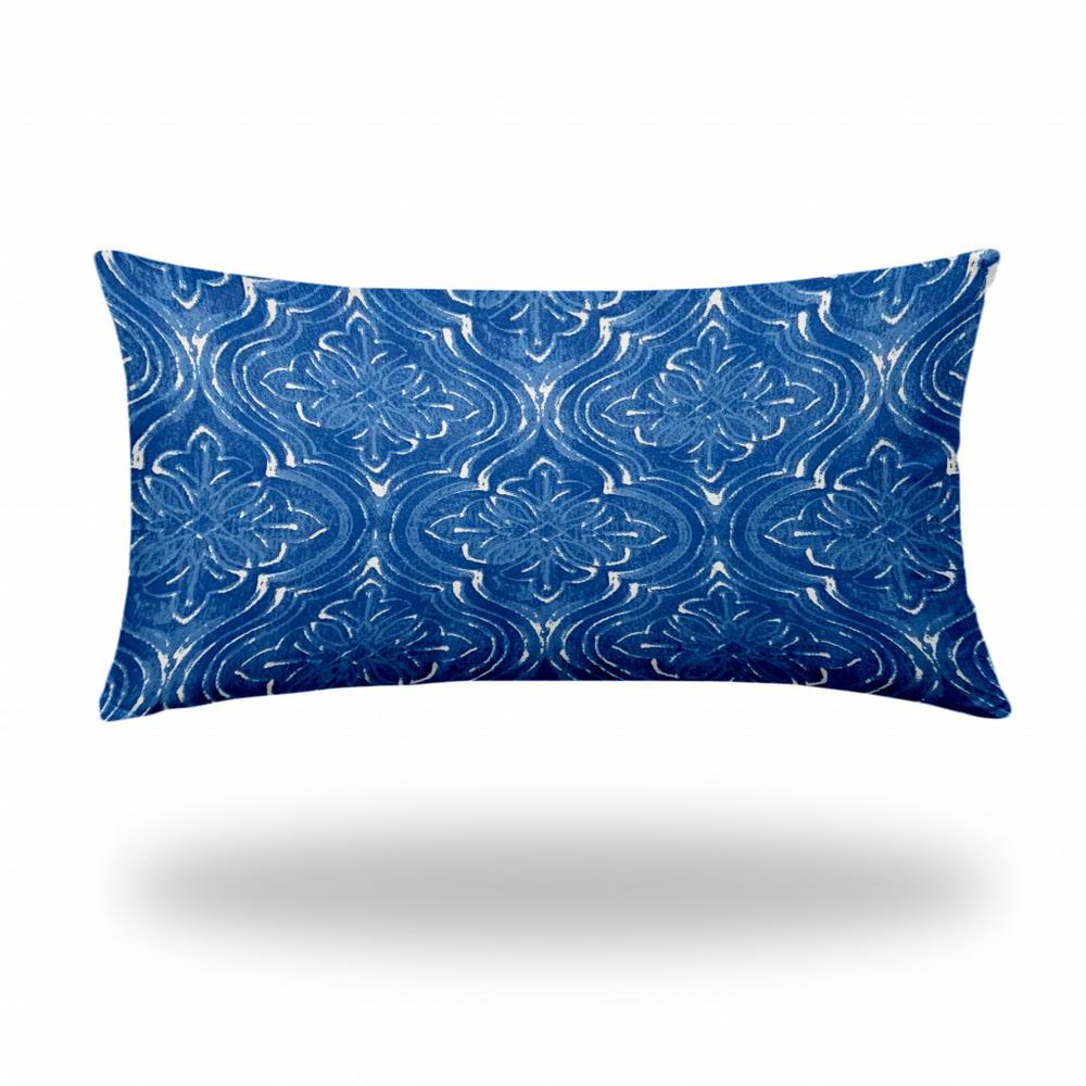 14" X 24" Blue And White Blown Seam Ikat Lumbar Indoor Outdoor Pillow. Picture 1