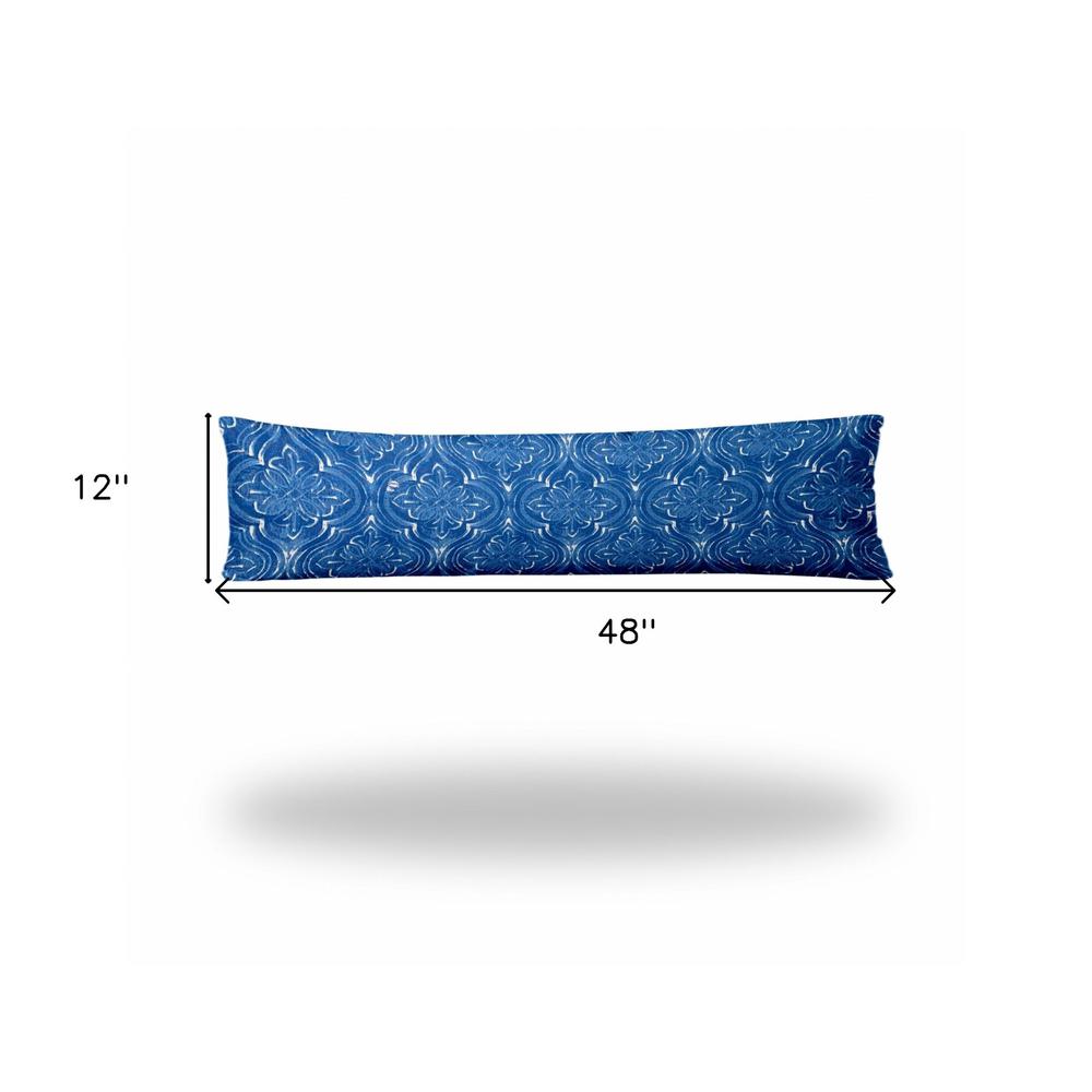 12" X 48" Blue And White Enveloped Ikat Lumbar Indoor Outdoor Pillow. Picture 4
