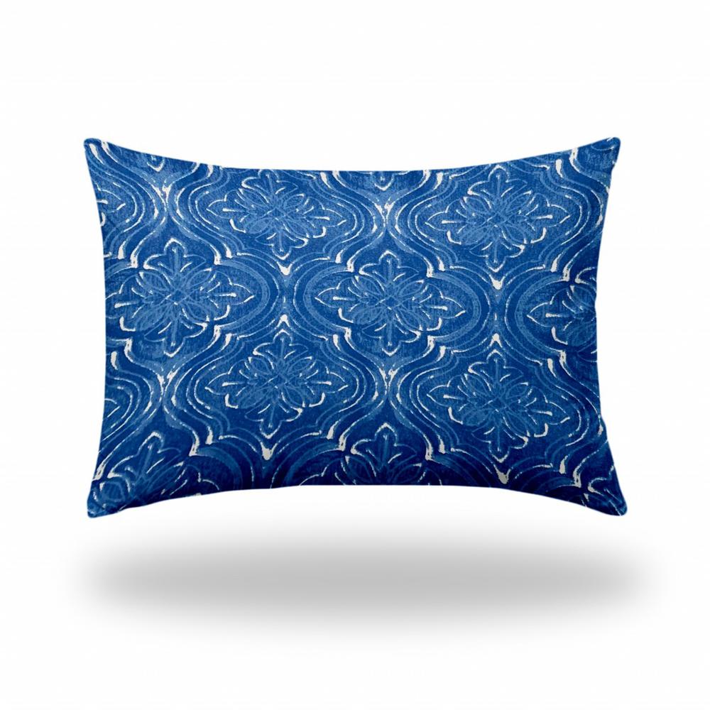 14" X 20" Blue And White Blown Seam Ikat Lumbar Indoor Outdoor Pillow. Picture 1