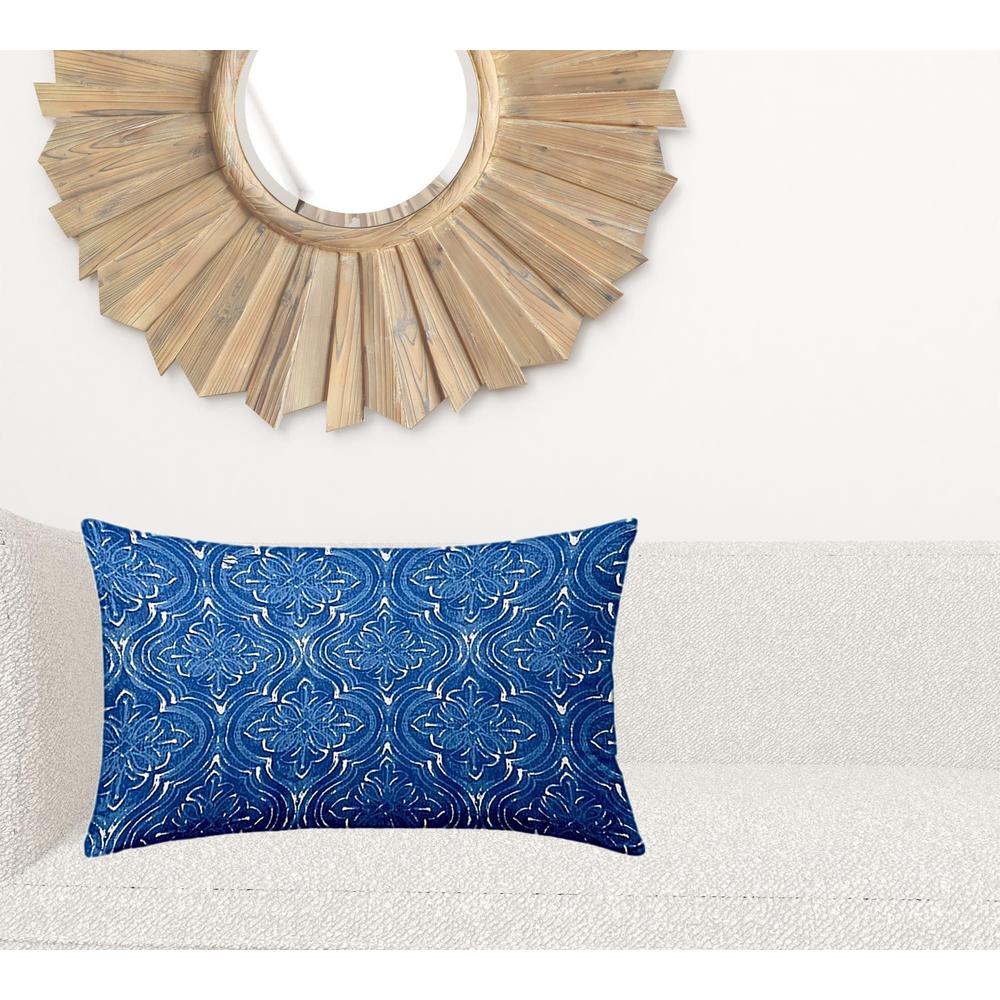 16" X 26" Blue And White Enveloped Ikat Lumbar Indoor Outdoor Pillow Cover. Picture 2